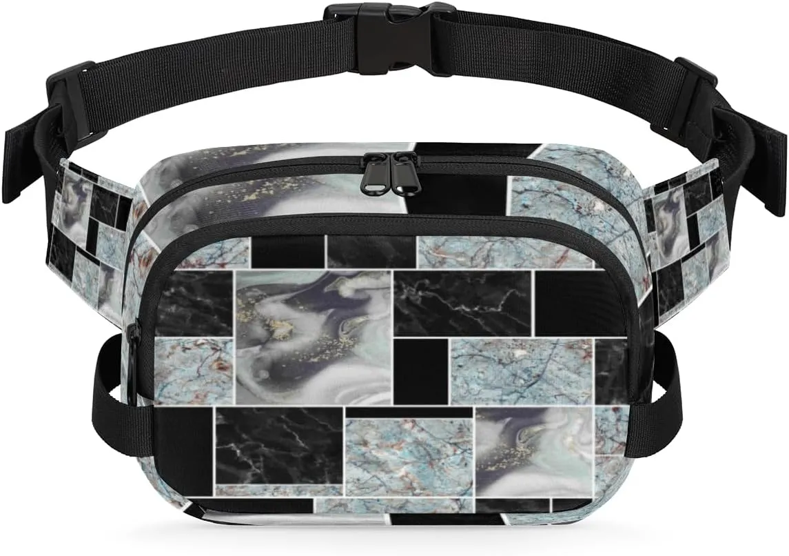 Marble Print Patchwork Fanny Packs for Women Men Fashion Waist Packs Belt Bag Water-resistant Crossbody Bag Grey Black Waist Pouch Waist Pack Hip Bum Bag for Hiking Casual Travel Cycling