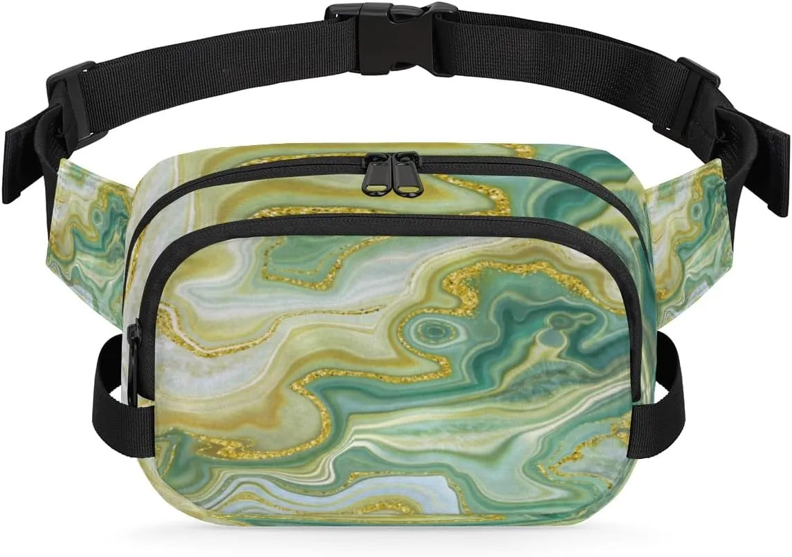 Marble Turquoise Gold Fanny Pack Crossbody Bags for Women Men Waist Packs Hip Bum Bag Cross Body Fanny Pack with Adjustable Strap for Running Hiking Travel