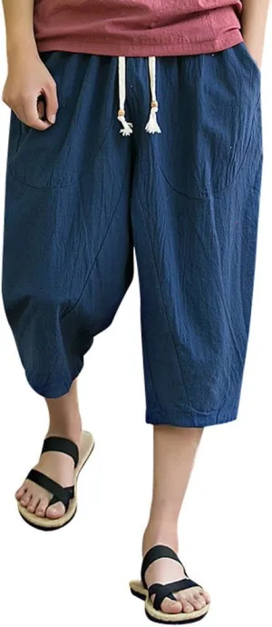 Maryia Men's Capri Linen Harem Pants Casual Loose Fit Drawstring Hippie Joggers Baggy Yoga Summer Beach Trousers