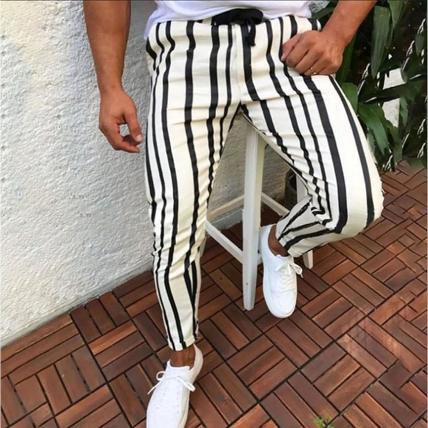 Maryia Men's Striped Skinny Pants Slim Fit Stretch Chino Fashion Jogger Drawstring Elastic Waist Business Style Trouser