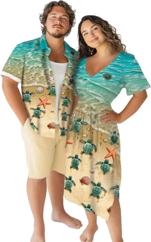 Matchable Couple Hawaiian Sea Beach Starfish Turtle Shell Print Shirt or Plus Size Midi Split A Line Dress
