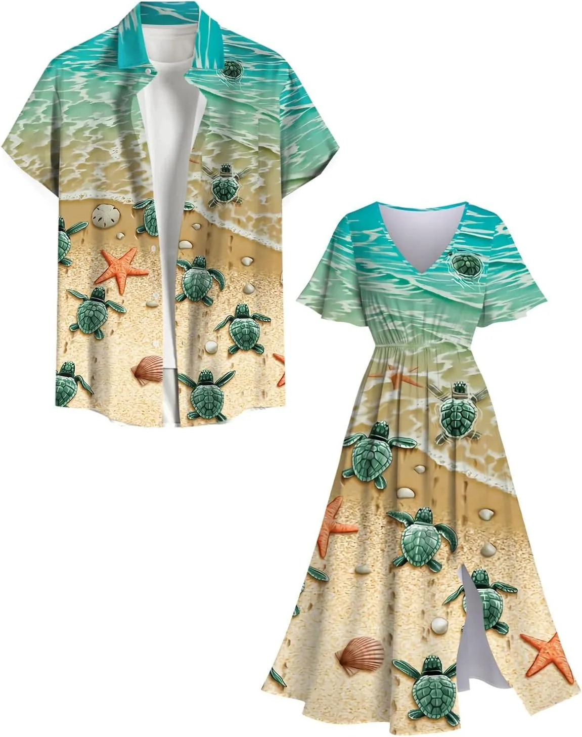 Matchable Couple Hawaiian Sea Beach Starfish Turtle Shell Print Shirt or Plus Size Midi Split A Line Dress