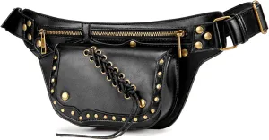 Medieval Steampunk Rivets PU Leather Crossbody Chest Bag Sling Bag Day Pack Travel Utility Belt Hip Waist Bag Purses