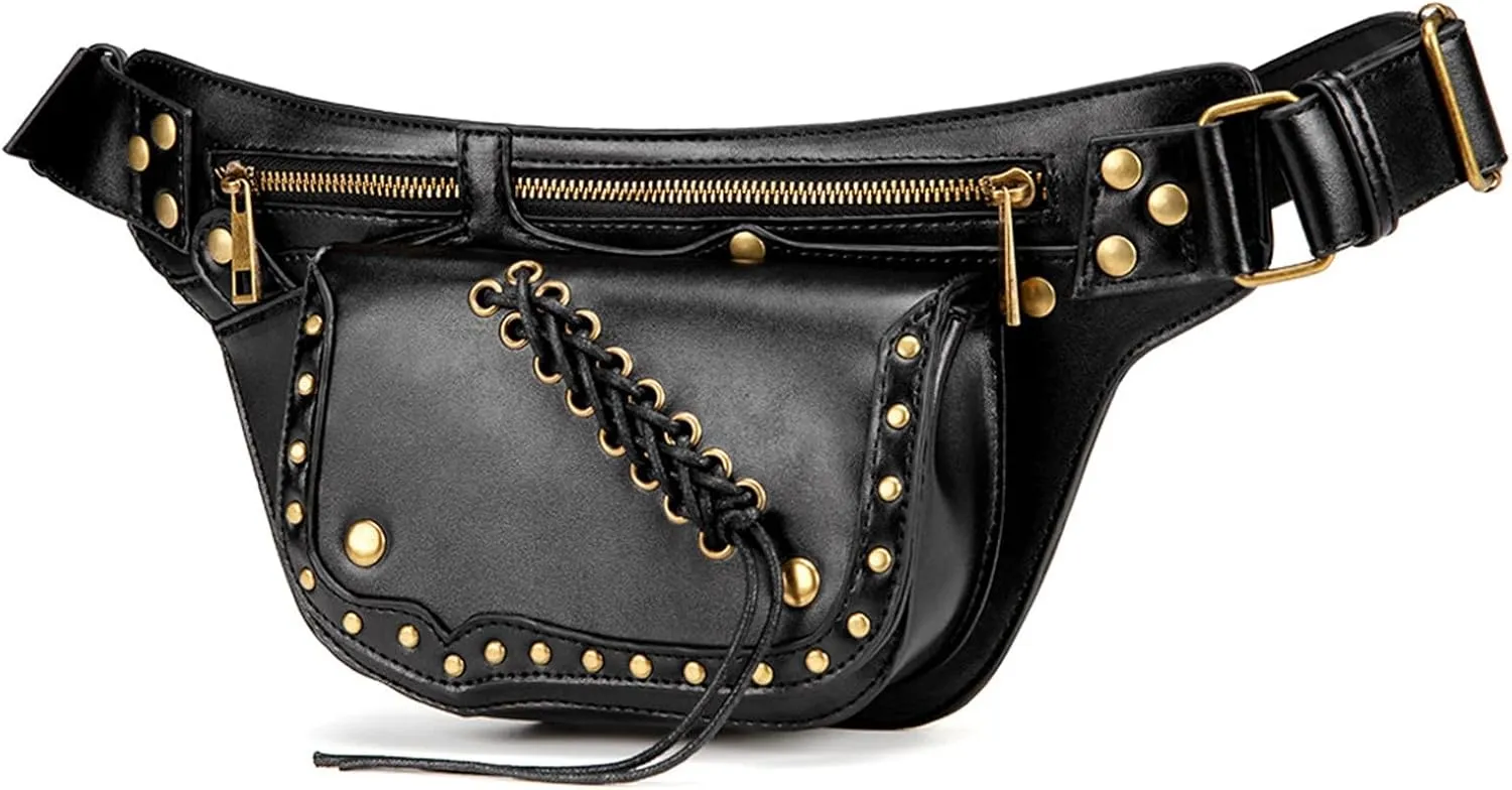 Medieval Steampunk Rivets PU Leather Crossbody Chest Bag Sling Bag Day Pack Travel Utility Belt Hip Waist Bag Purses