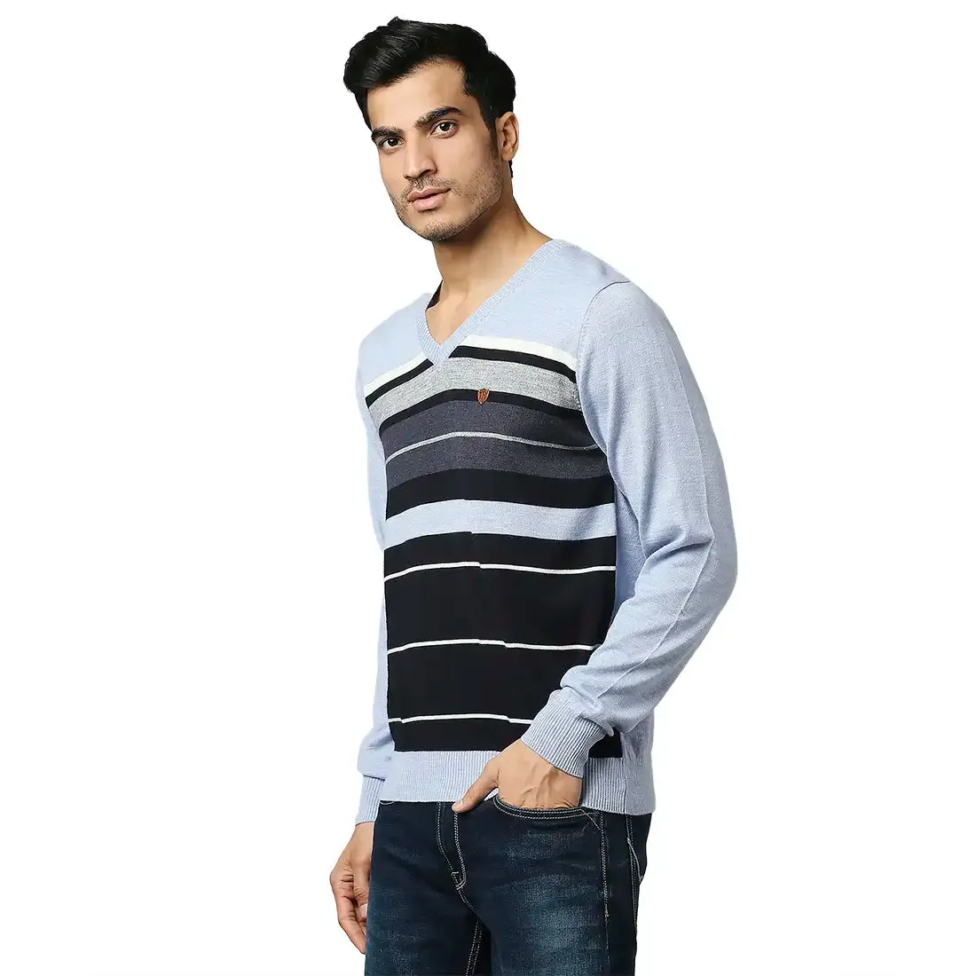 Men Blue Stripe Acrylic Wool Blend Full Sleeve V Neck Collar Sweaters