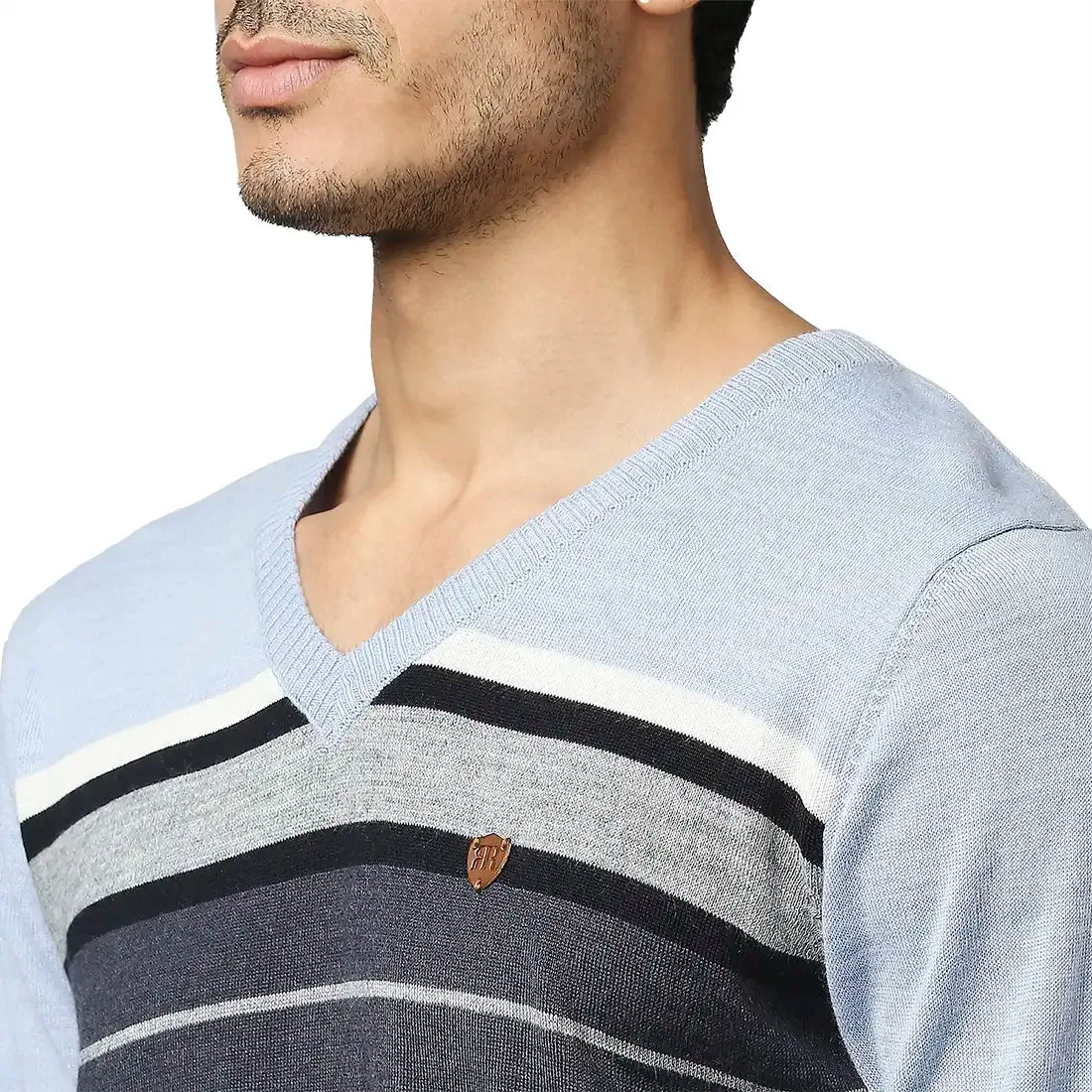 Men Blue Stripe Acrylic Wool Blend Full Sleeve V Neck Collar Sweaters