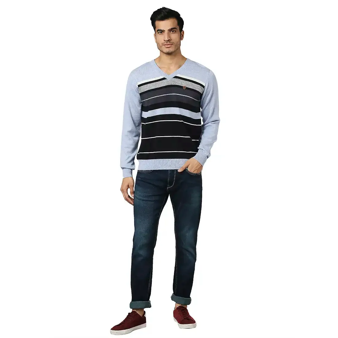 Men Blue Stripe Acrylic Wool Blend Full Sleeve V Neck Collar Sweaters