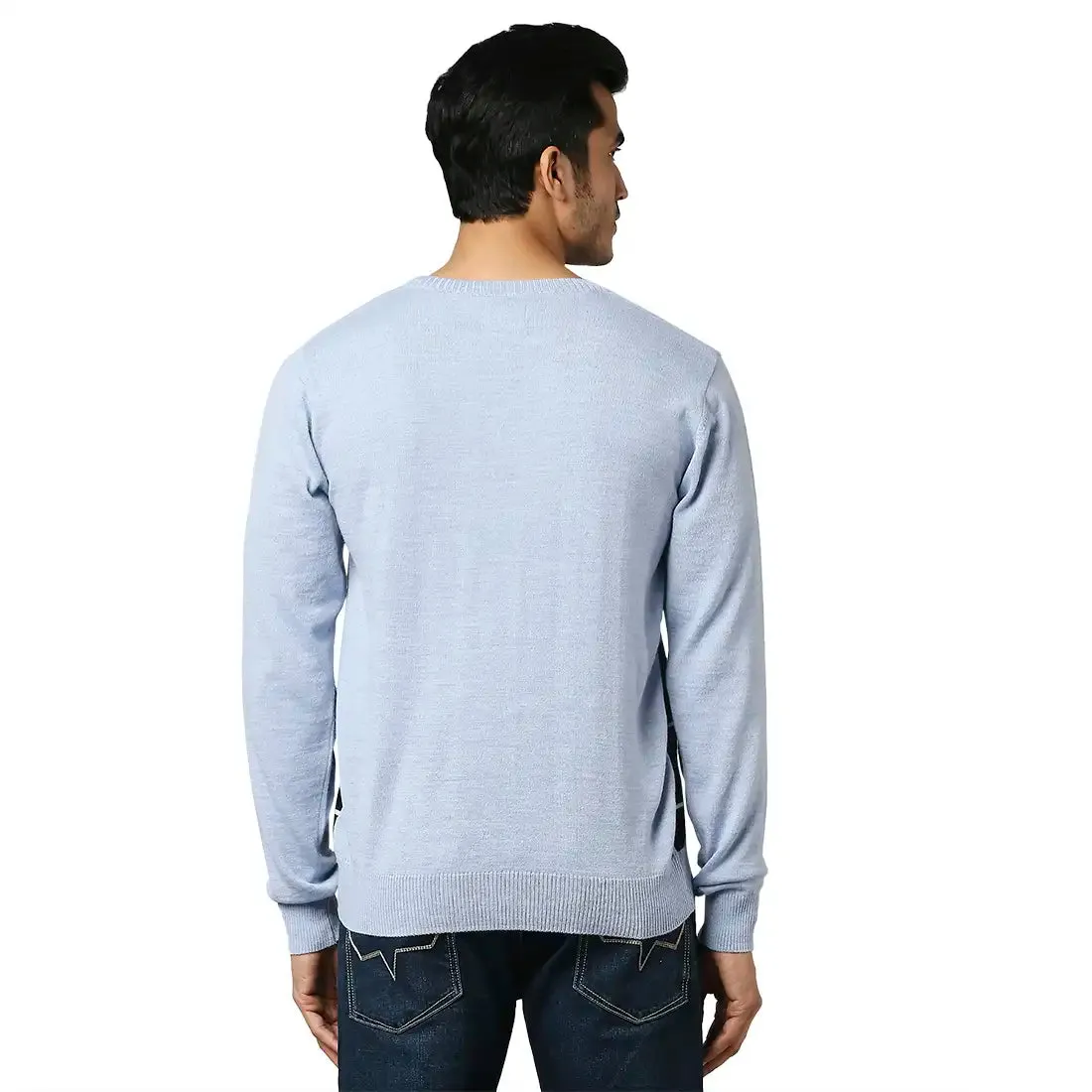 Men Blue Stripe Acrylic Wool Blend Full Sleeve V Neck Collar Sweaters