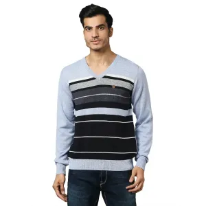 Men Blue Stripe Acrylic Wool Blend Full Sleeve V Neck Collar Sweaters
