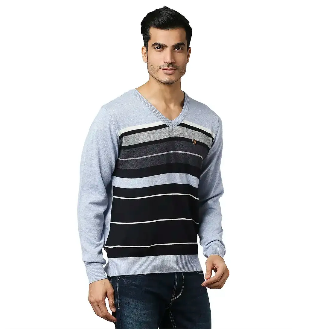 Men Blue Stripe Acrylic Wool Blend Full Sleeve V Neck Collar Sweaters