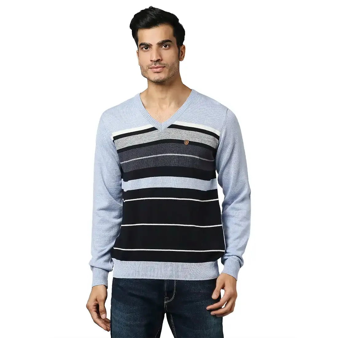 Men Blue Stripe Acrylic Wool Blend Full Sleeve V Neck Collar Sweaters