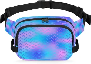 Mermaid Pattern Fanny Packs for Women Men Fashion Waist Packs Belt Bag Water-resistant Crossbody Bag Purple Blue Waist Pouch Waist Pack Hip Bum Bag for Hiking Casual Travel Cycling