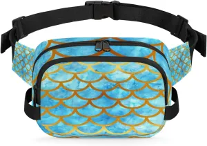 Mermaid Scales Blue Gold Fanny Packs for Women Men Fashion Waist Packs Belt Bag Water-resistant Crossbody Bag Waist Pouch Waist Pack Hip Bum Bag for Hiking Casual Travel Cycling