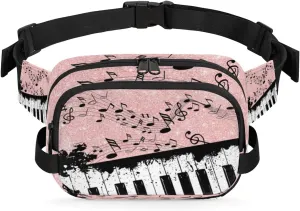 Music Notes Pink Black Fanny Packs for Women Men Fashion Waist Packs Belt Bag Water-resistant Crossbody Bag Piano Key Waist Pouch Waist Pack Hip Bum Bag for Hiking Casual Travel Cycling