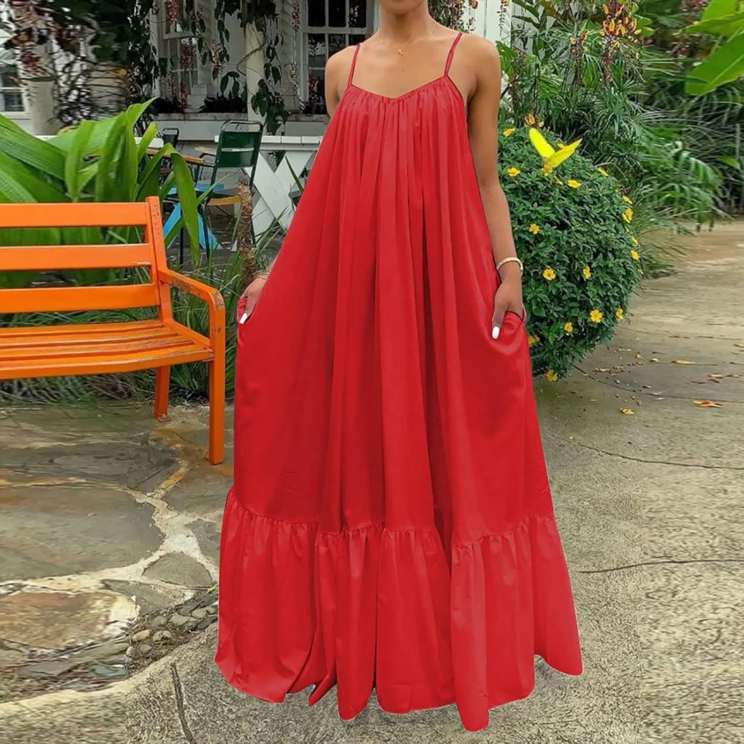 NaRHbrg Women Summer Maxi Dresses Sexy Spaghetti Strap Sleeveless Long Dress Sundress Tiered Ruffle Boho Cami Beach Dress