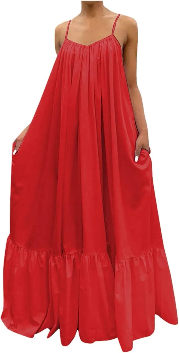 NaRHbrg Women Summer Maxi Dresses Sexy Spaghetti Strap Sleeveless Long Dress Sundress Tiered Ruffle Boho Cami Beach Dress