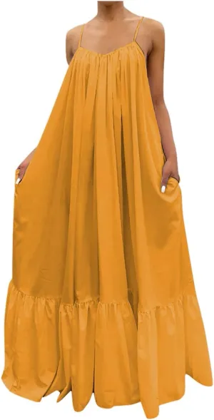 NaRHbrg Women Summer Maxi Dresses Sexy Spaghetti Strap Sleeveless Long Dress Sundress Tiered Ruffle Boho Cami Beach Dress