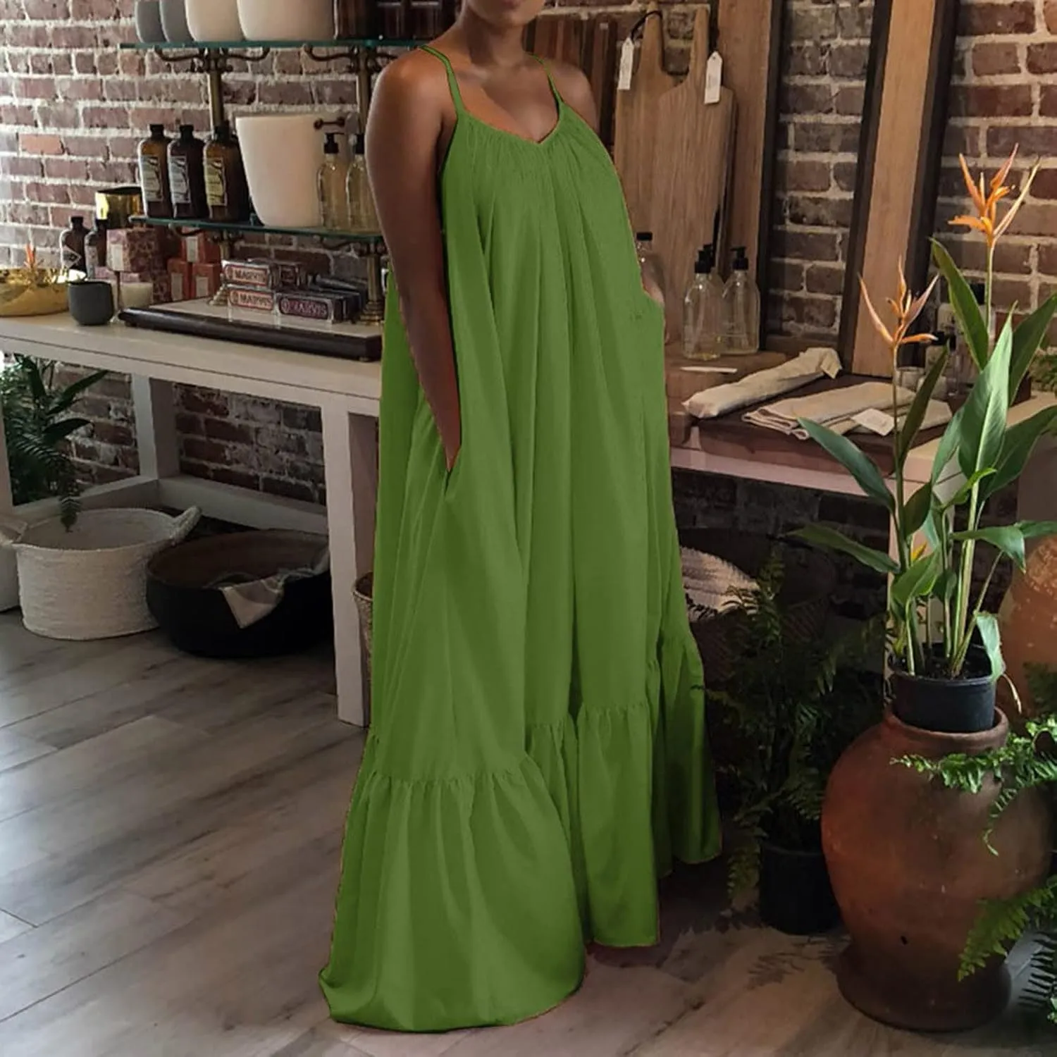 NaRHbrg Women Summer Maxi Dresses Sexy Spaghetti Strap Sleeveless Long Dress Sundress Tiered Ruffle Boho Cami Beach Dress