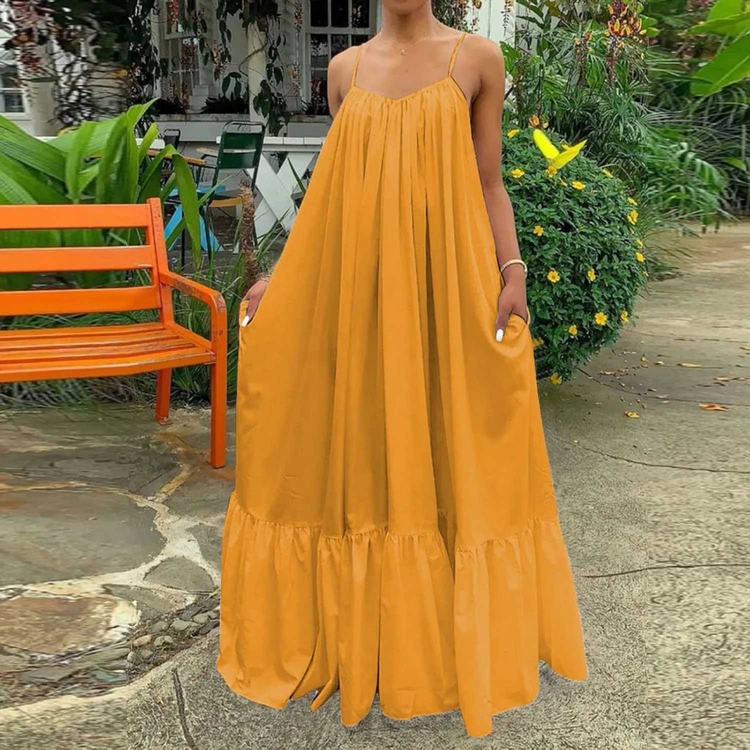NaRHbrg Women Summer Maxi Dresses Sexy Spaghetti Strap Sleeveless Long Dress Sundress Tiered Ruffle Boho Cami Beach Dress
