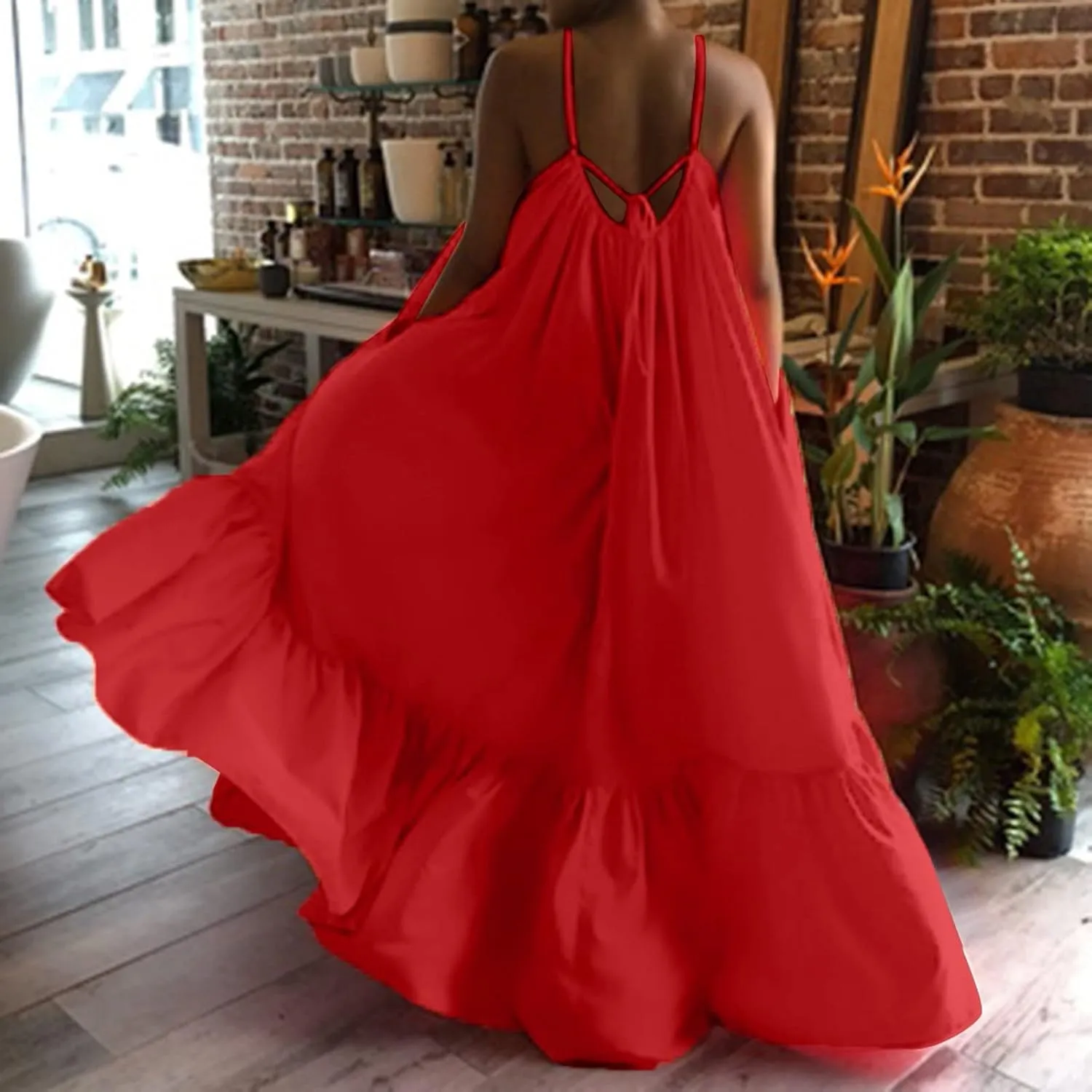 NaRHbrg Women Summer Maxi Dresses Sexy Spaghetti Strap Sleeveless Long Dress Sundress Tiered Ruffle Boho Cami Beach Dress