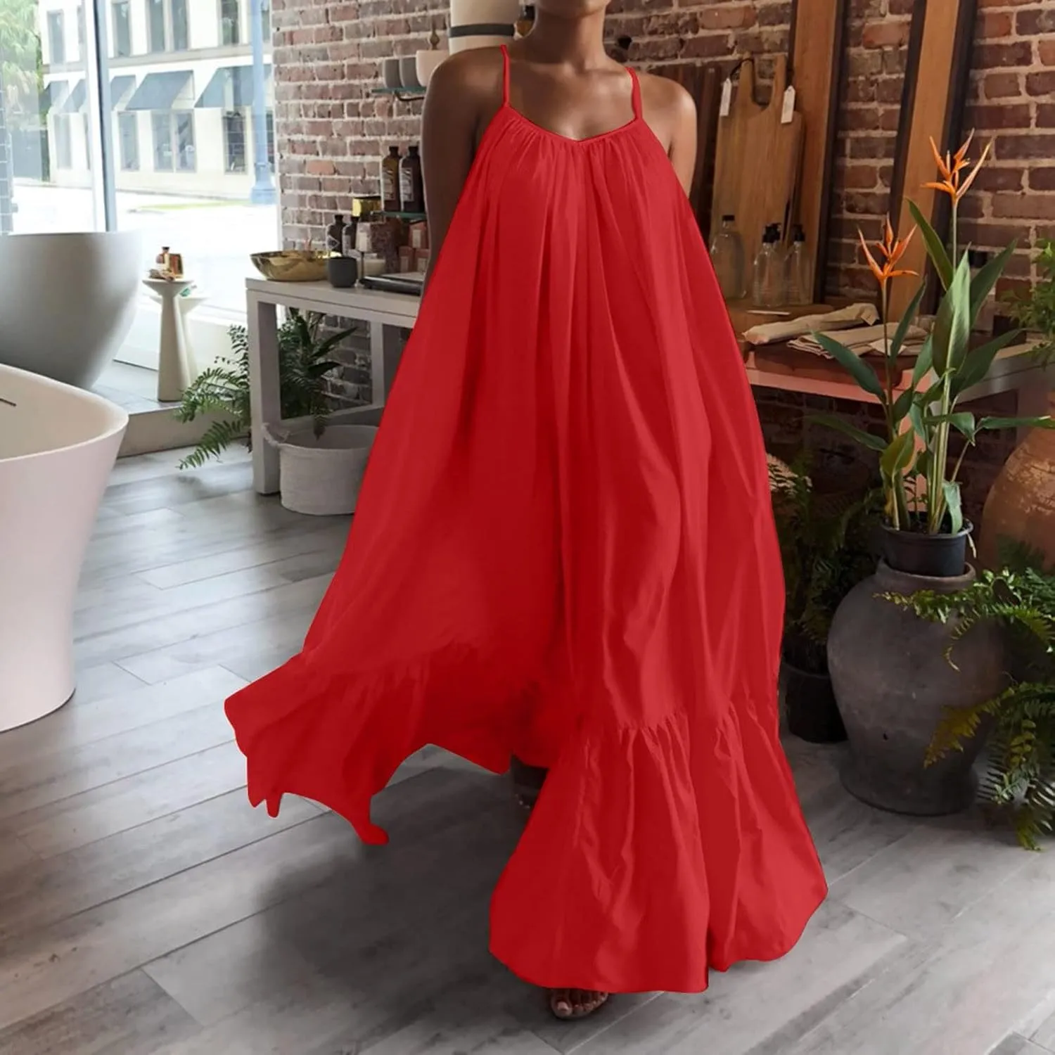 NaRHbrg Women Summer Maxi Dresses Sexy Spaghetti Strap Sleeveless Long Dress Sundress Tiered Ruffle Boho Cami Beach Dress