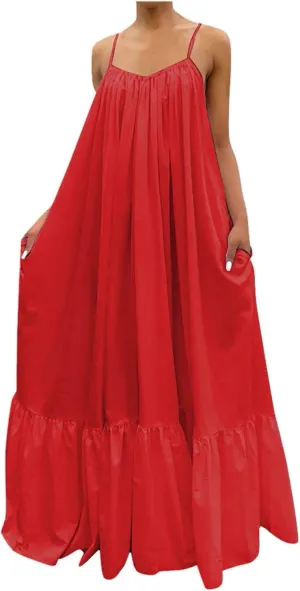 NaRHbrg Women Summer Maxi Dresses Sexy Spaghetti Strap Sleeveless Long Dress Sundress Tiered Ruffle Boho Cami Beach Dress