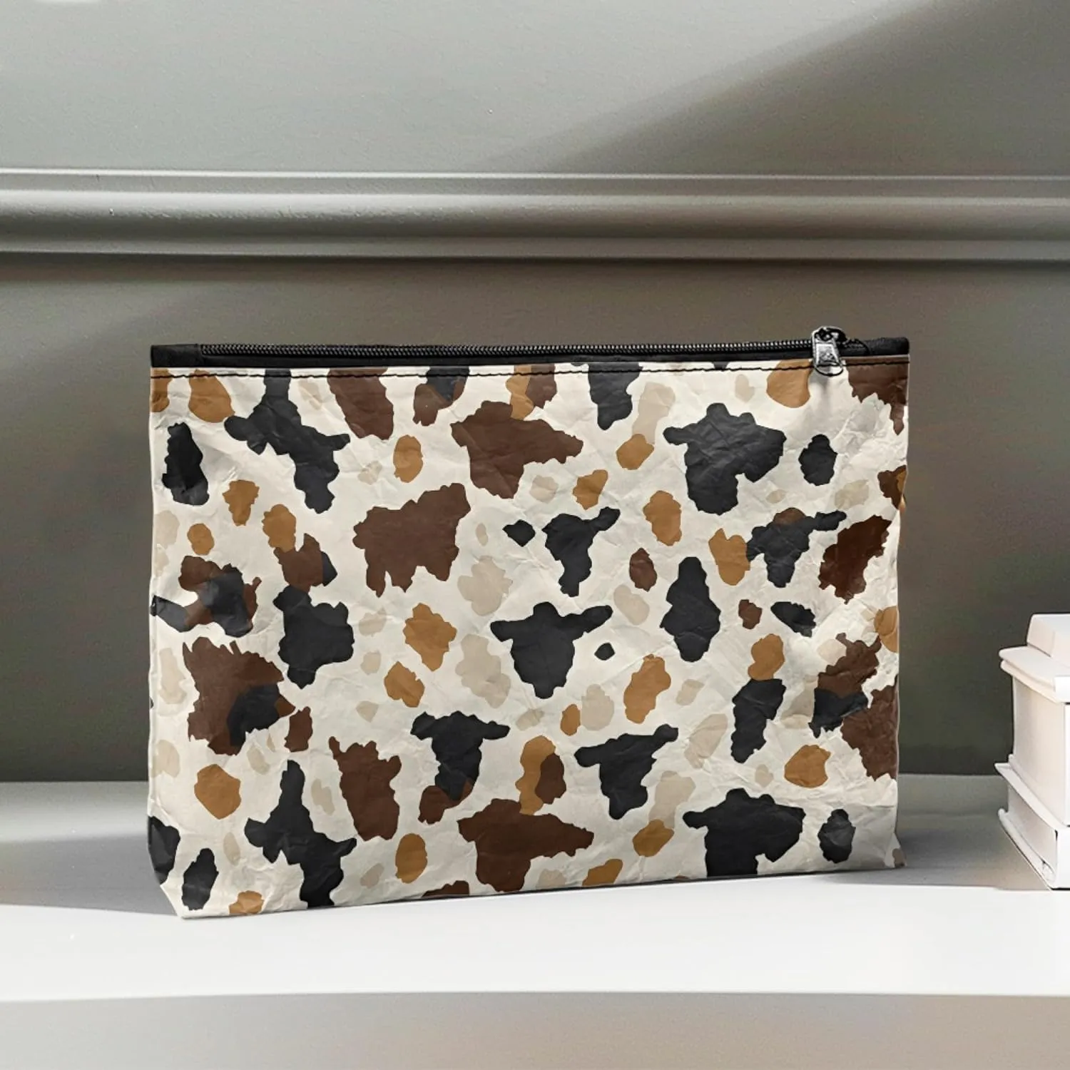 NDISTIN Cow Print Dupont Paper Bag Travel Small Handbag Zipper Pocket Large Capacity Toiletry Pouch Storage, Size S