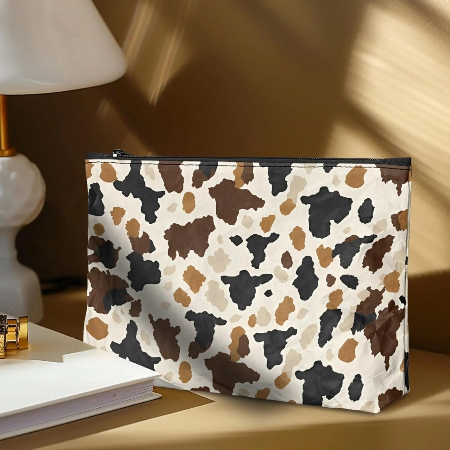 NDISTIN Cow Print Dupont Paper Bag Travel Small Handbag Zipper Pocket Large Capacity Toiletry Pouch Storage, Size S