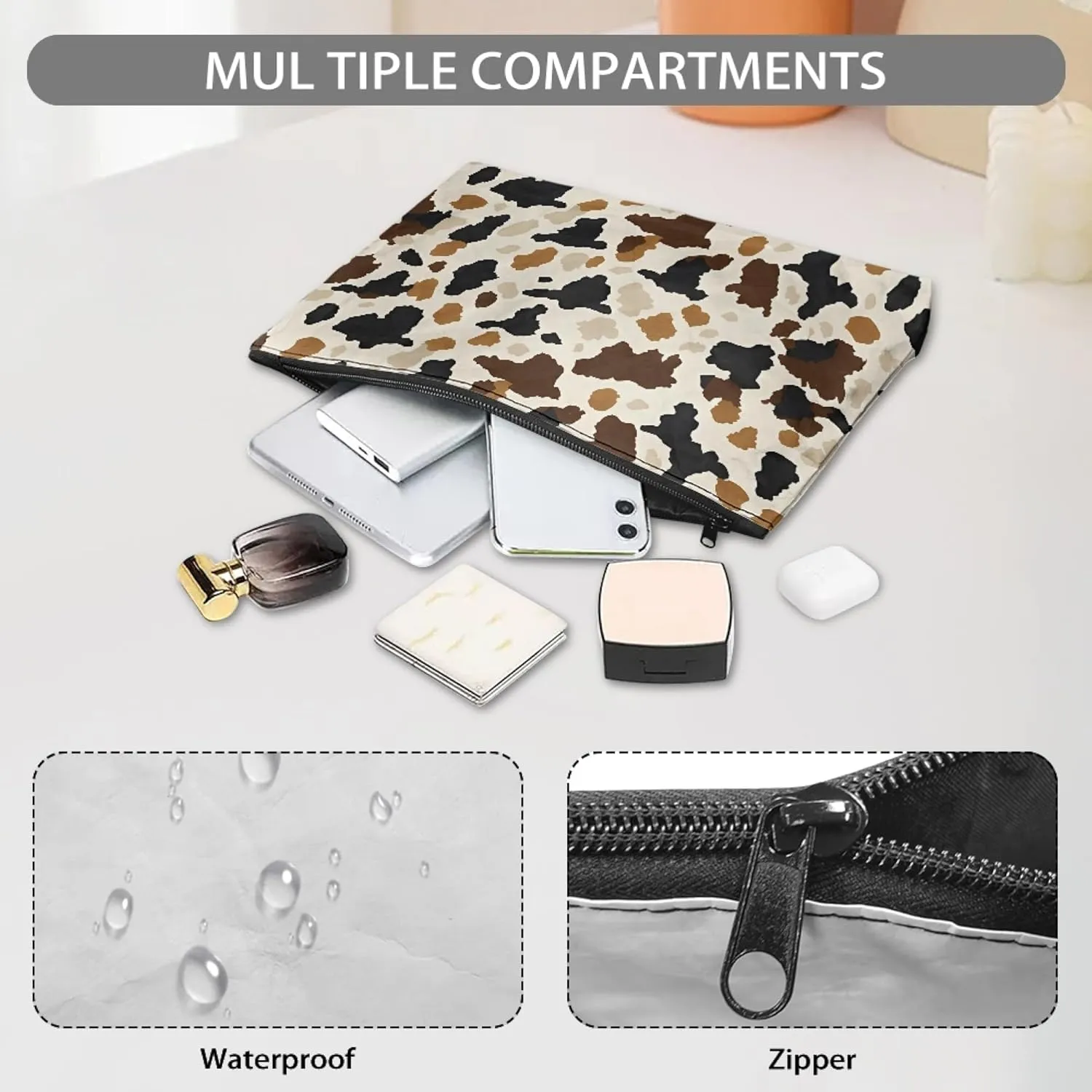 NDISTIN Cow Print Dupont Paper Bag Travel Small Handbag Zipper Pocket Large Capacity Toiletry Pouch Storage, Size S
