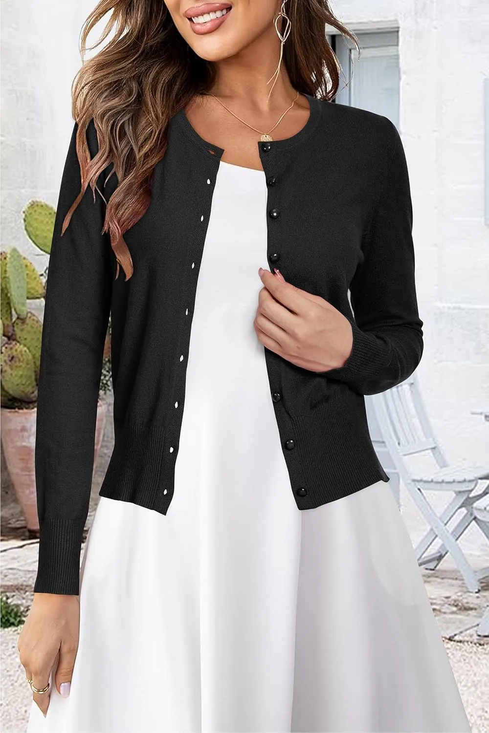 Newshows Women's Lightweight Button Down Cardigan Long Sleeve Casual Crew Neck Soft Knit Cardigans Sweater Tops
