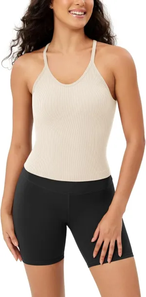 ODODOS Women's Crop Seamless Rib-Knit Camisole Strappy Racerback Cropped Tank Tops