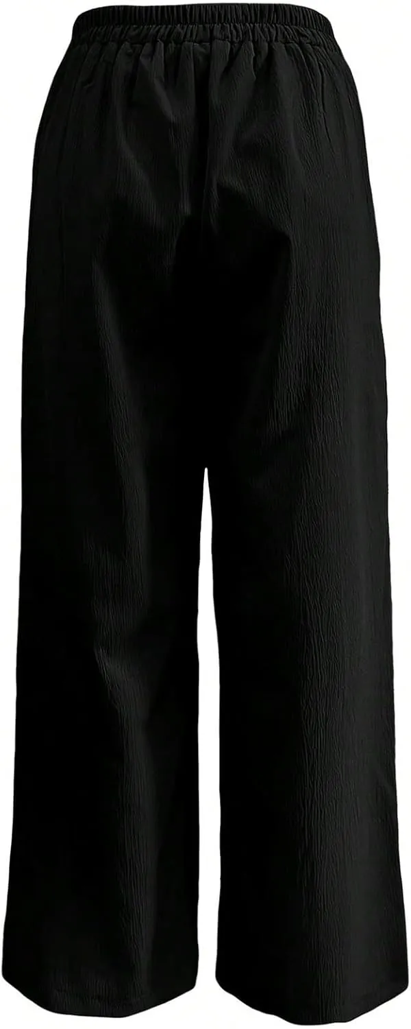 OYOANGLE Women's Elastic High Waist Wide Leg Long Pants Button Decor Split Side Solid Loose Trousers with Pockets