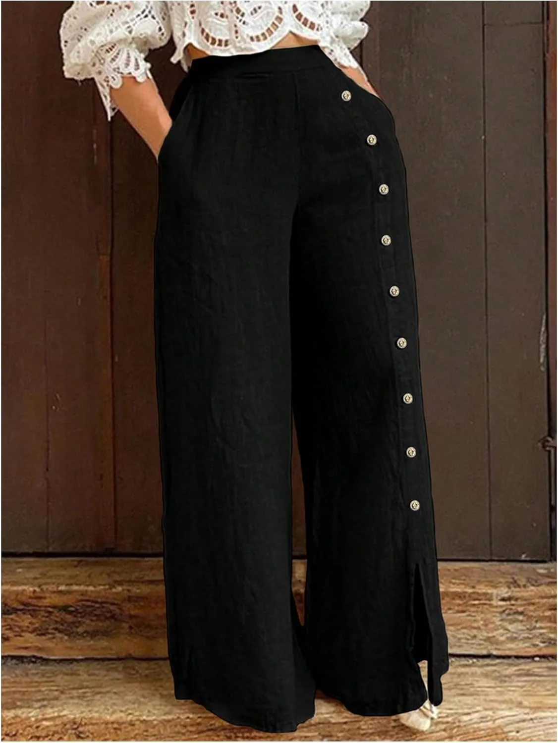 OYOANGLE Women's Elastic High Waist Wide Leg Long Pants Button Decor Split Side Solid Loose Trousers with Pockets