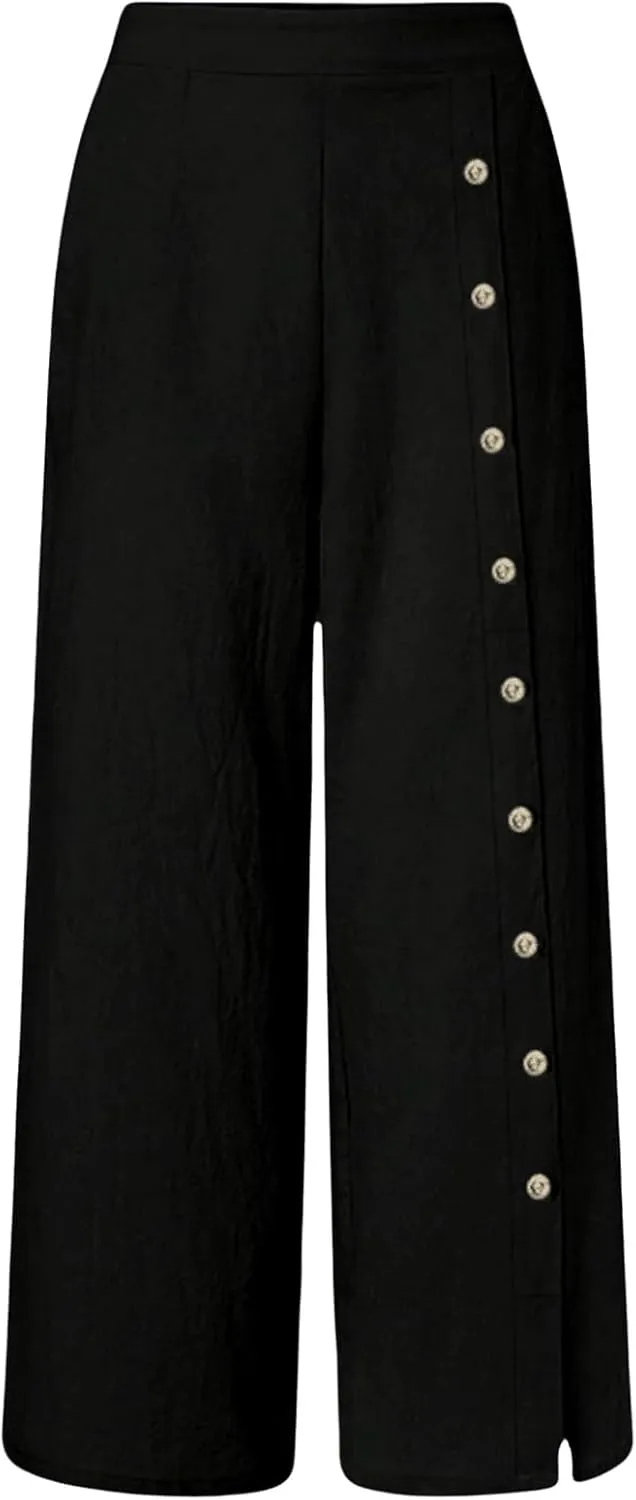 OYOANGLE Women's Elastic High Waist Wide Leg Long Pants Button Decor Split Side Solid Loose Trousers with Pockets