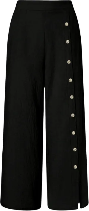 OYOANGLE Women's Elastic High Waist Wide Leg Long Pants Button Decor Split Side Solid Loose Trousers with Pockets