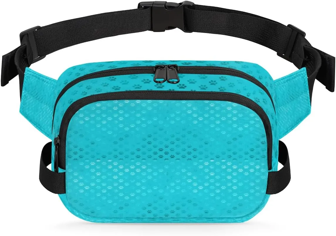 Paw Prints Turquoise Fanny Packs for Women Men Fashion Waist Packs Belt Bag Water-resistant Crossbody Bag Cute Waist Pouch Waist Pack Hip Bum Bag for Hiking Casual Travel Cycling