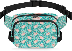 Pig Flower Fanny Pack Crossbody Bags for Women Men Belt Bag Pink Turquoise Waist Pack Bag Fanny Packs Cross Body Bag Phone Holder for Outdoors Sports Hiking Travel