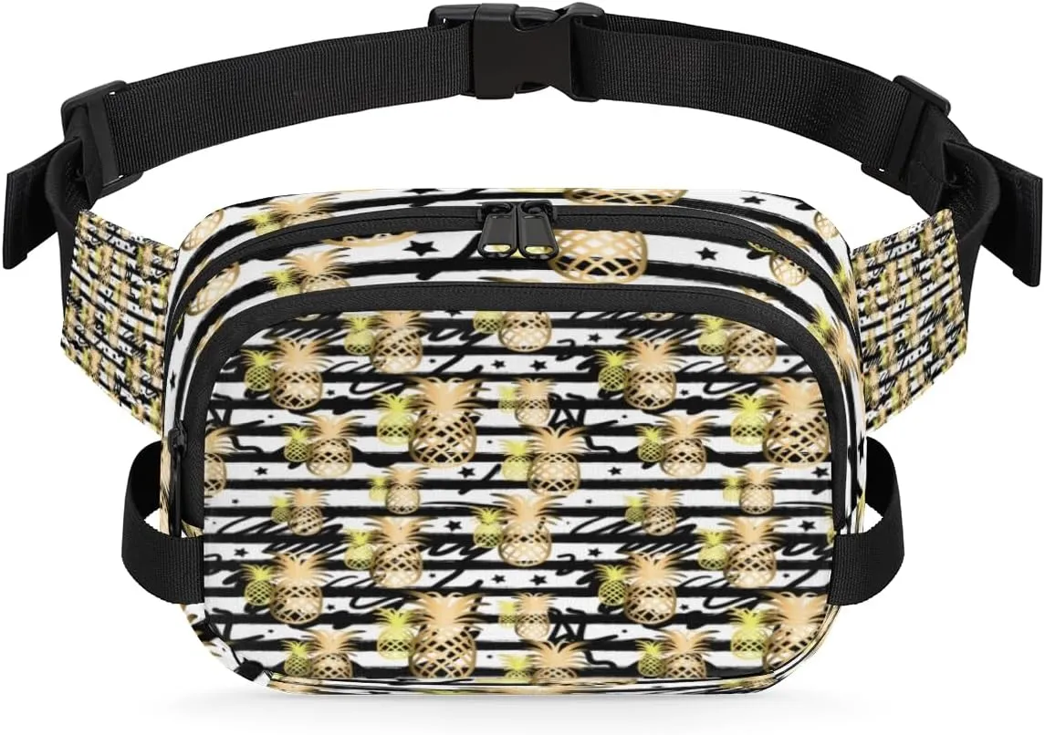 Pineapple Stripe Fanny Pack Crossbody Bags for Women Men Waist Packs Abstract Gold Hip Bum Bag Cross Body Fanny Pack with Adjustable Strap for Running Hiking Travel