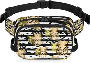 Pineapple Stripe Fanny Packs for Women Men Fashion Waist Packs Belt Bag Water-resistant Crossbody Bag Abstract Gold Waist Pouch Waist Pack Hip Bum Bag for Hiking Casual Travel Cycling