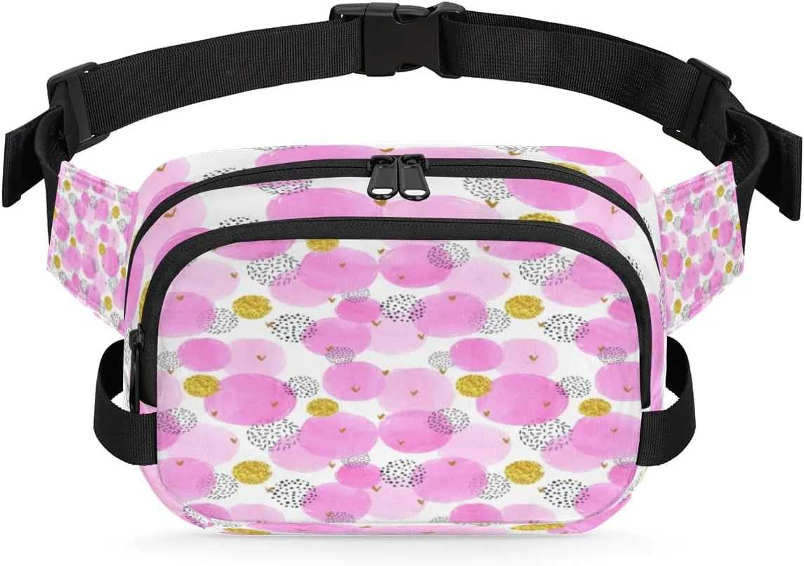 Pink Circle Dots Fanny Pack Crossbody Bags for Women Men Waist Packs Kawaii Hip Bum Bag Cross Body Fanny Pack with Adjustable Strap for Running Hiking Travel
