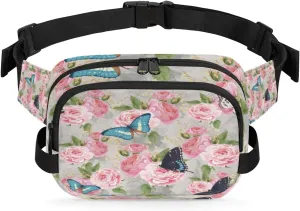 Pink Floral Fanny Packs for Women Men Fashion Waist Packs Belt Bag Water-resistant Crossbody Bag Butterfly Floral Waist Pouch Waist Pack Hip Bum Bag for Hiking Casual Travel Cycling