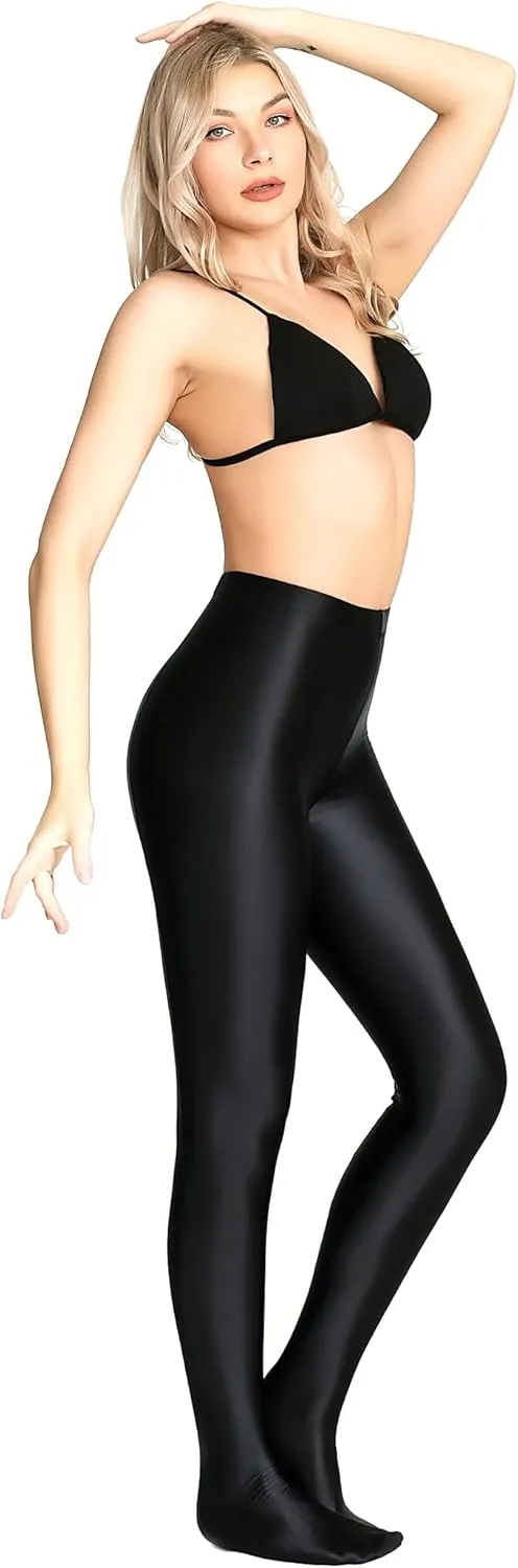 Plus Size Opaque Glossy Pantyhose Wet Look Footed Shiny Tights Pilates Yoga Pants High Waist Leggings