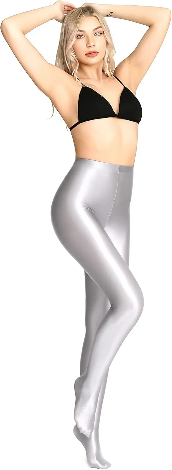 Plus Size Opaque Glossy Pantyhose Wet Look Footed Shiny Tights Pilates Yoga Pants High Waist Leggings