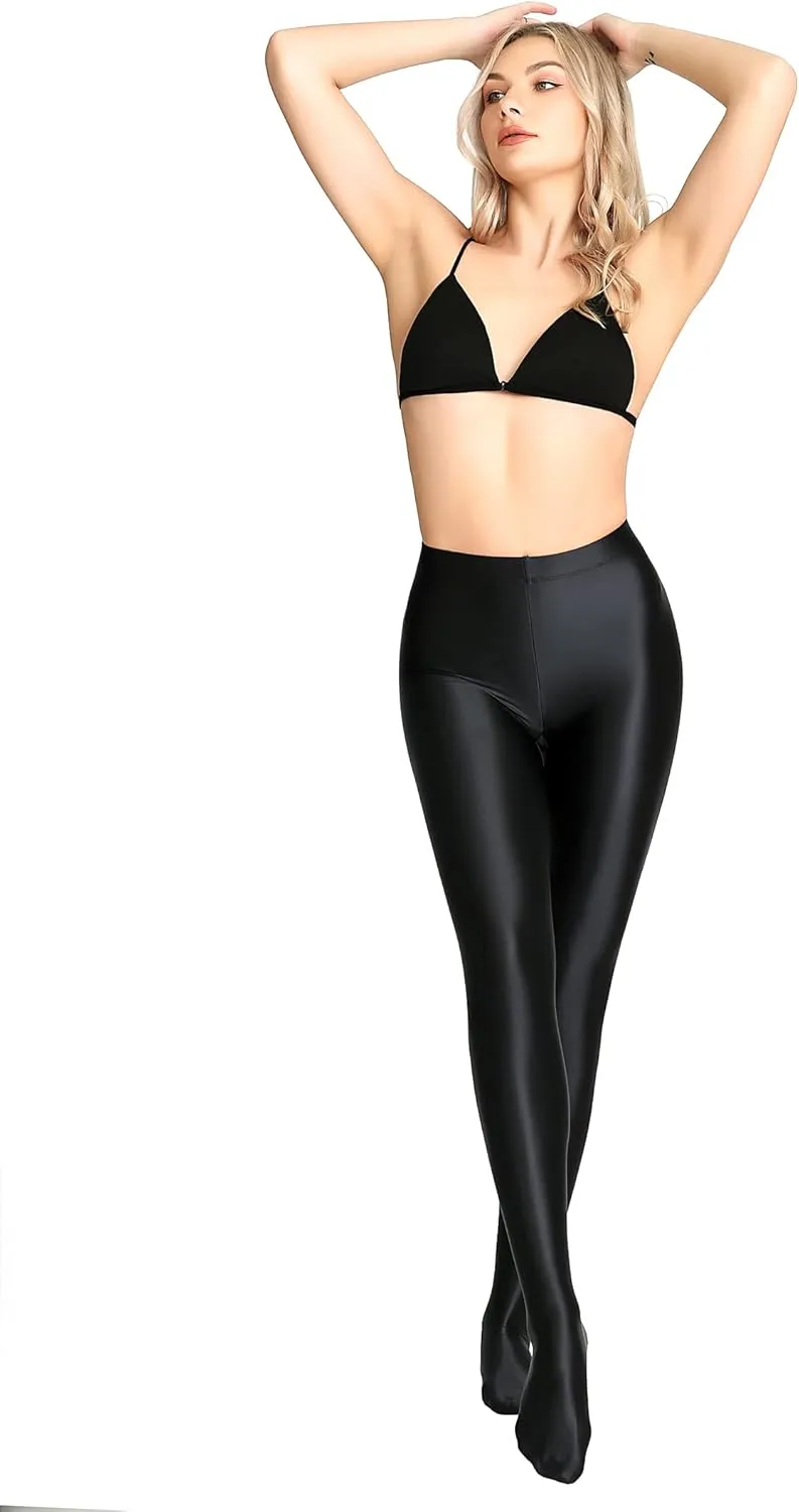 Plus Size Opaque Glossy Pantyhose Wet Look Footed Shiny Tights Pilates Yoga Pants High Waist Leggings
