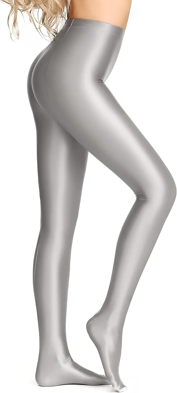 Plus Size Opaque Glossy Pantyhose Wet Look Footed Shiny Tights Pilates Yoga Pants High Waist Leggings
