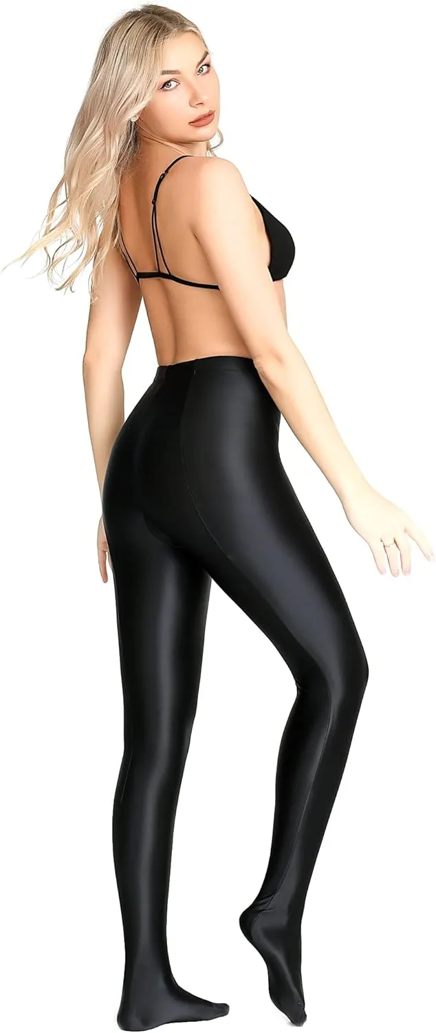 Plus Size Opaque Glossy Pantyhose Wet Look Footed Shiny Tights Pilates Yoga Pants High Waist Leggings