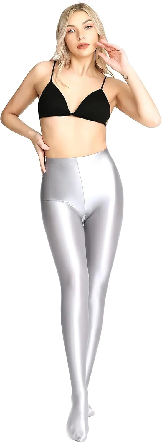 Plus Size Opaque Glossy Pantyhose Wet Look Footed Shiny Tights Pilates Yoga Pants High Waist Leggings