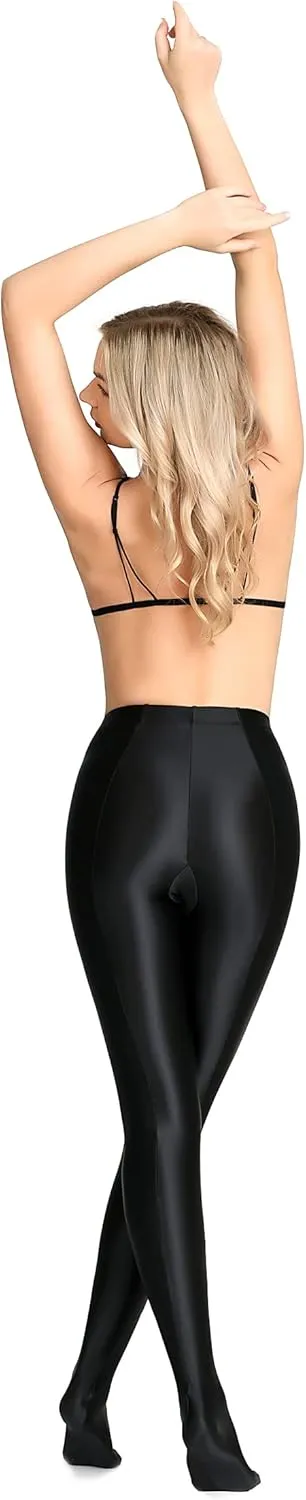 Plus Size Opaque Glossy Pantyhose Wet Look Footed Shiny Tights Pilates Yoga Pants High Waist Leggings