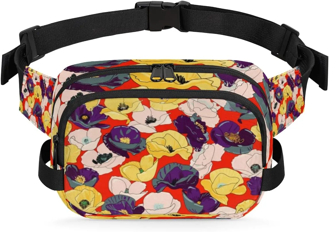 Poppy Flower Colorful Fanny Pack Crossbody Bags for Women Men Waist Packs Hip Bum Bag Cross Body Fanny Pack with Adjustable Strap for Running Hiking Travel