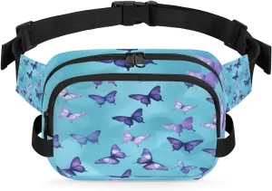 Purple Buttefly Fanny Packs for Women Men Fashion Waist Packs Belt Bag Water-resistant Crossbody Bag Blue Purple Waist Pouch Waist Pack Hip Bum Bag for Hiking Casual Travel Cycling